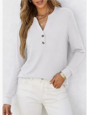 Xieerduo Classic White Long-Sleeve Henley Top Shirt Blouse Size Medium NWT